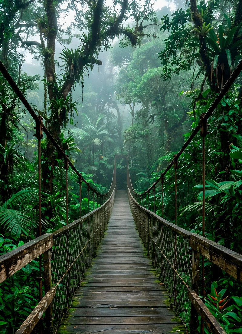 Puente colgante entre la niebla del bosque lluvioso
